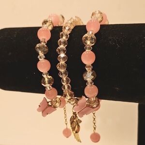 Set Of 3 Pink & Goldtone Crystal & Glass Beaded Stretch Bracelets
